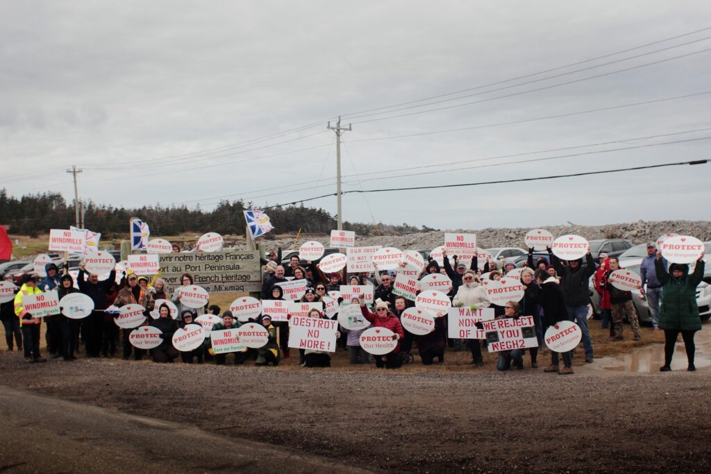 Protest in Port au Port against wind turbines and World Energy GH2