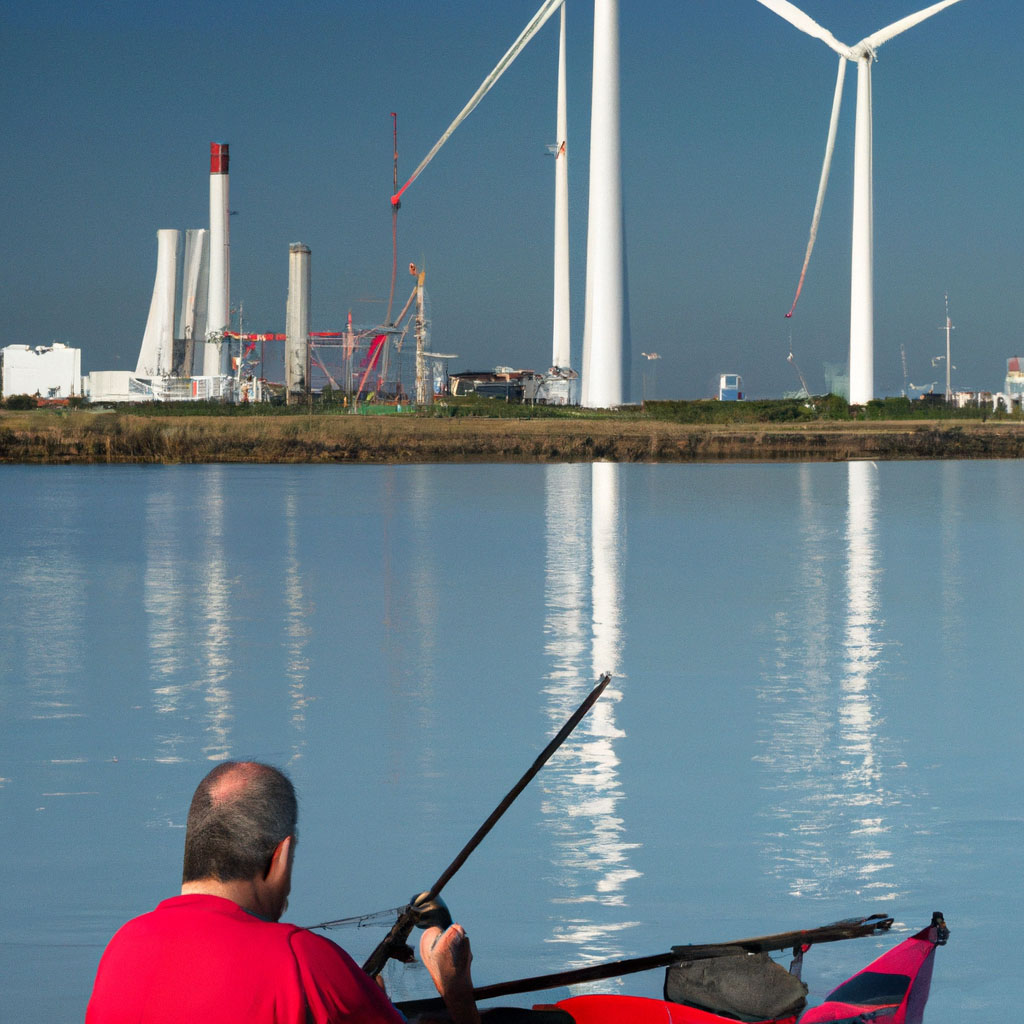 A serene moment: a fisherman enjoys his hobby on calm waters, juxtaposing the quiet sport with the industrial backdrop of wind turbines and power plants.