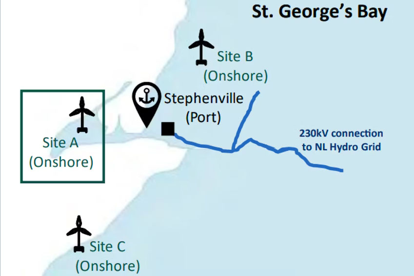 A map showing the sites for a wind farm in World Energy GH2’s proposed project to construct a wind farm and hydrogen/ammonia production facility in the Stephenville-Port au Port area. – World Energy GH2/Contributed