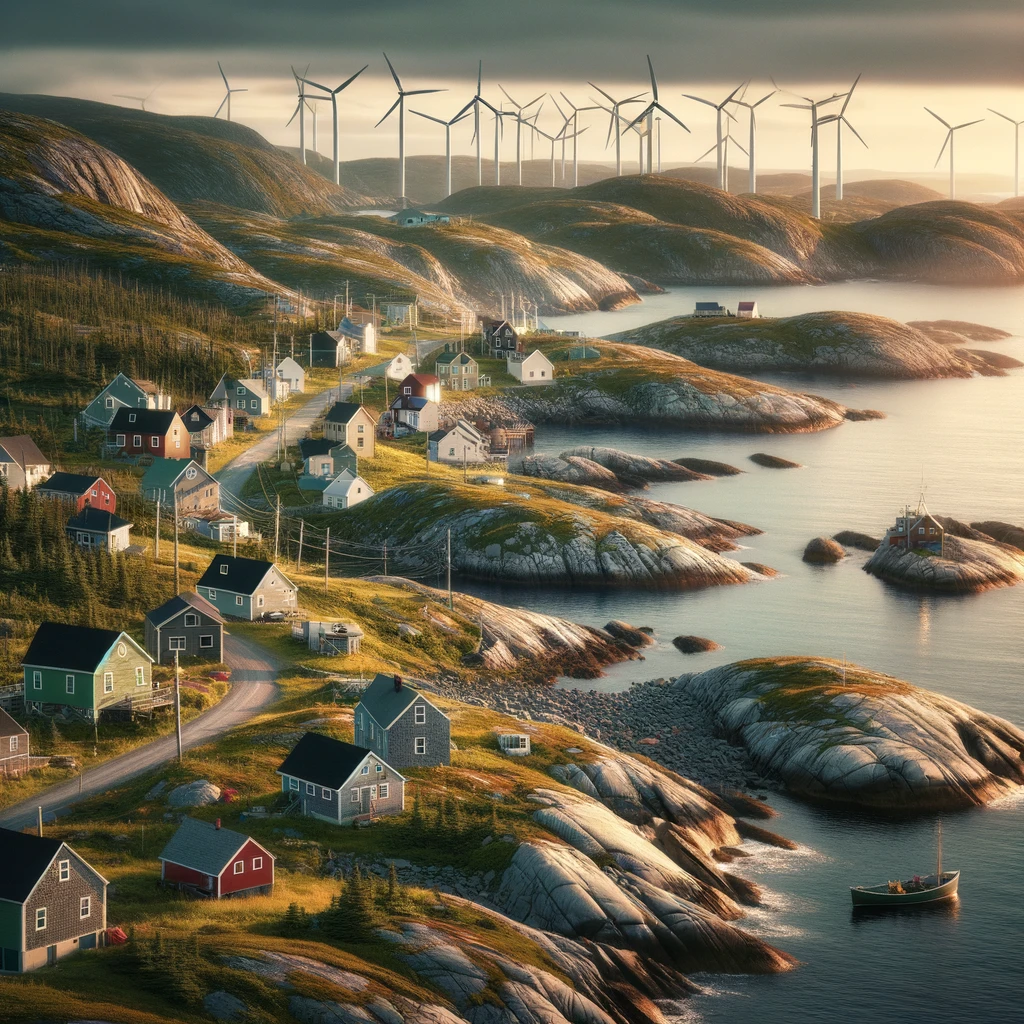 The image has been created to visualize the serene and preserved natural landscape of a coastal community in Newfoundland and Labrador, highlighting their connection to traditional livelihoods and the decision to maintain their environmental integrity.